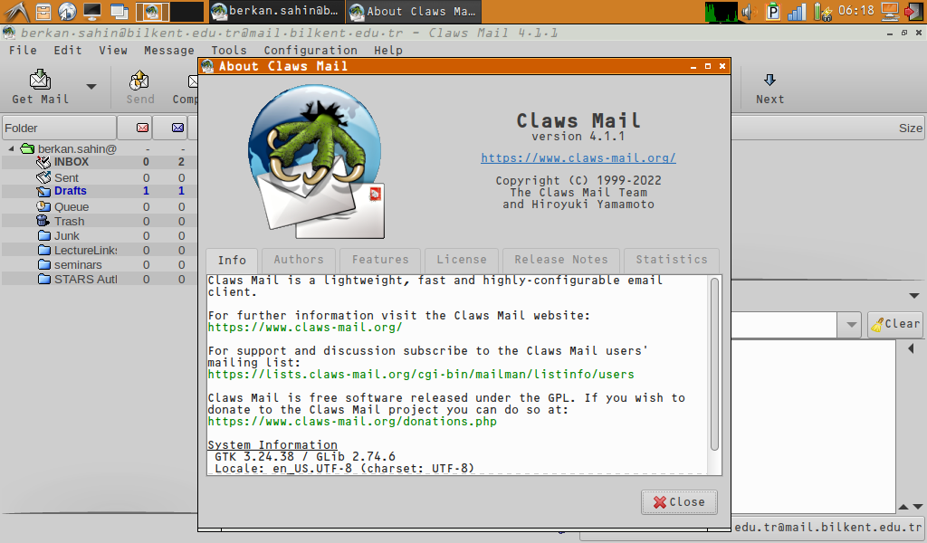 claws mail about screen