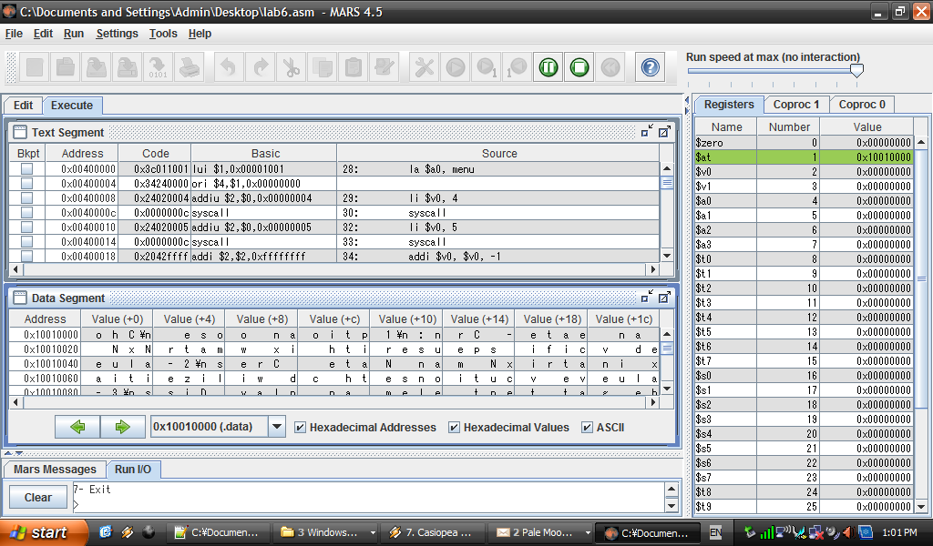 Mars running some MIPS assembly code